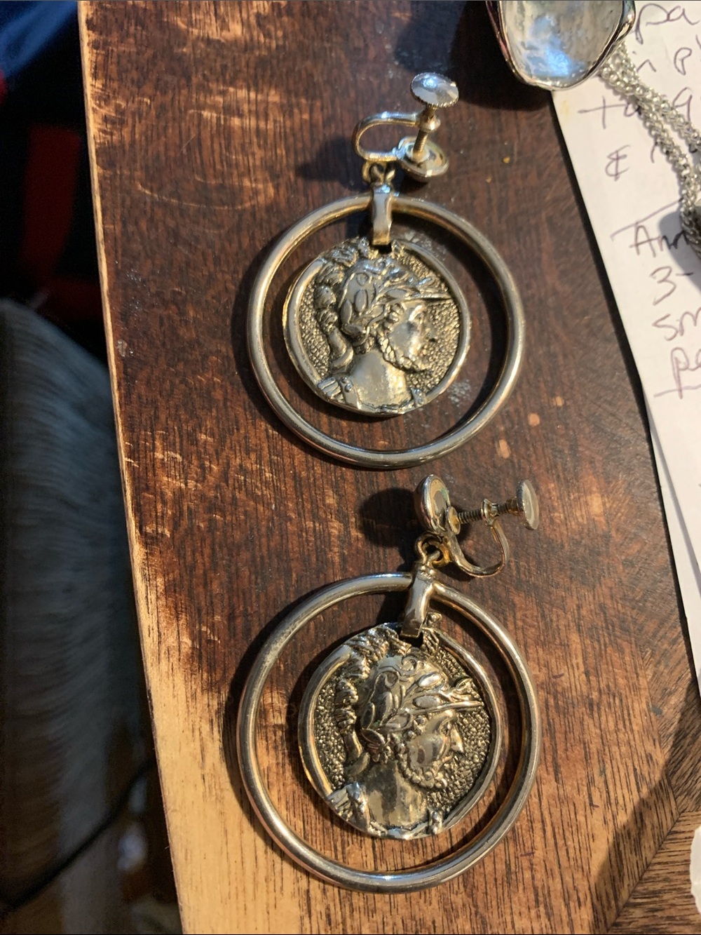 Vintage Silver Tone Greek Alexander Coin Suspended Drop Earrings